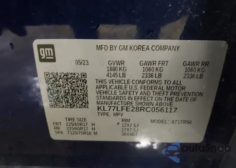 2024 Chevrolet Trax Fwd Sp из США, поврежденный, VIN KL77LFE28RC056117